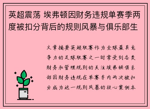 英超震荡 埃弗顿因财务违规单赛季两度被扣分背后的规则风暴与俱乐部生存考验